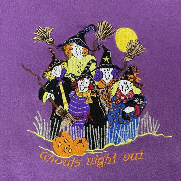 Vtg Quacker Factory Halloween Top Medium Purple Beaded Embroidered Ghouls Witch - Picture 2 of 10